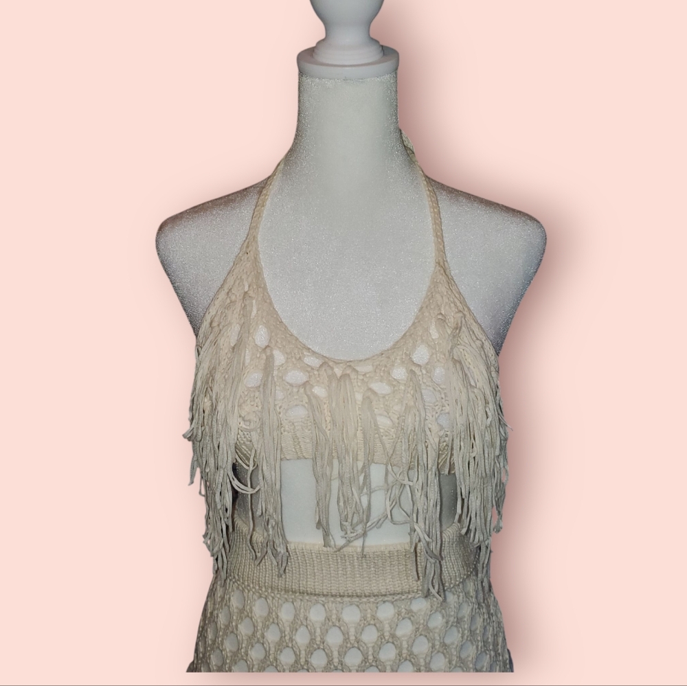 BRAND NEW NASTY GAL Crochet Tassel Tie Back Bralette and Maxi Skirt Set CREAM - Picture 10 of 13
